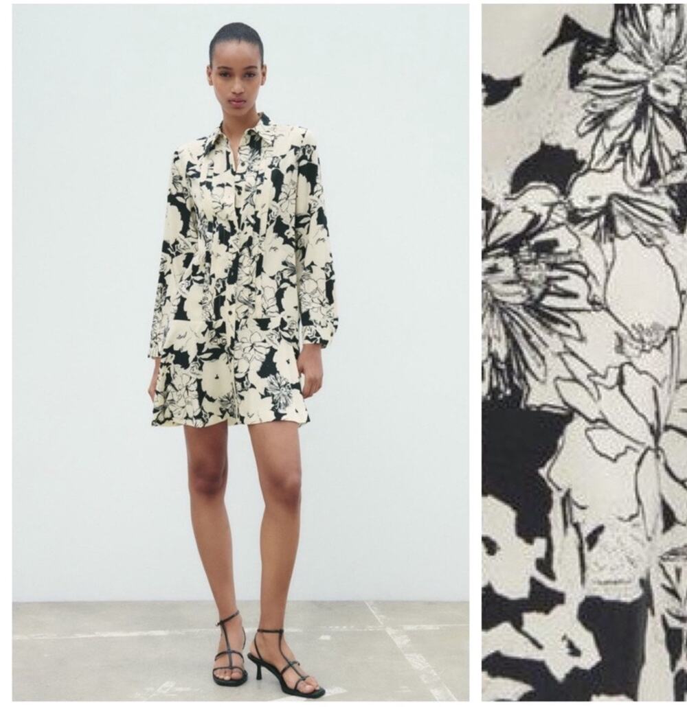 Zara Ecru and Black Floral Printed Mini Shirt Dress Size M